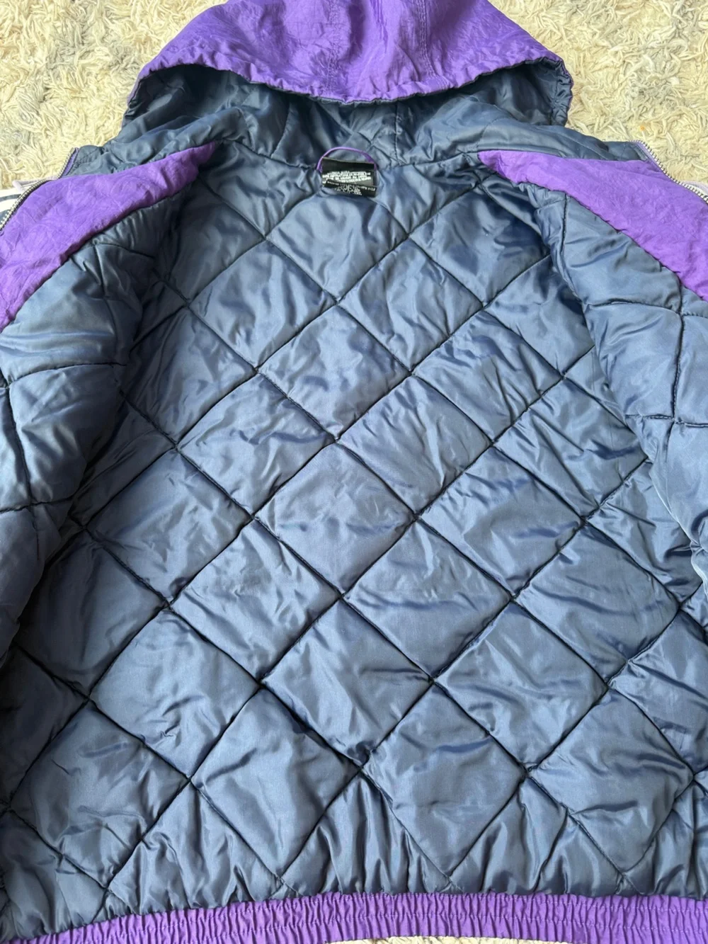 Vintage Adidas Trefoil Hooded Puffer Jacket Purple Black 90s Spellout Stripe L
